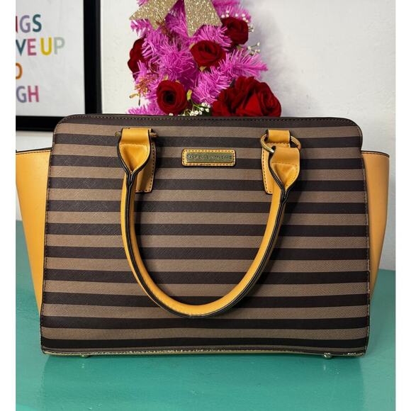 Adrienne Vittadini Studio Striped Satchel Bag - Brown & Yellow Faux Leather - Picture 1 of 4
